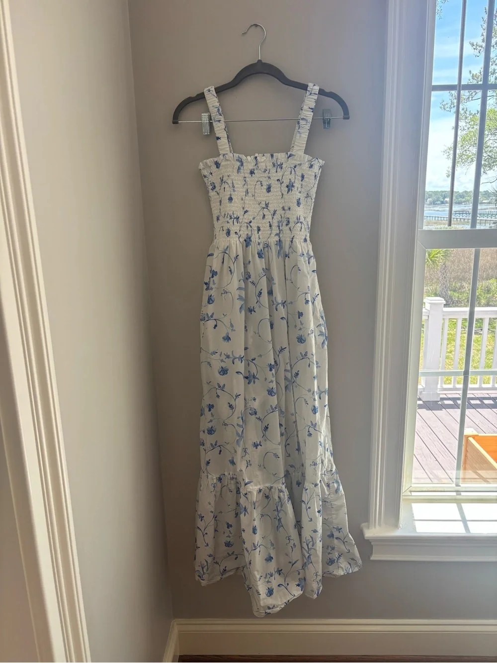 Hill House white dress with pale blue floral smocking and ruffle - Picture 1 of 3